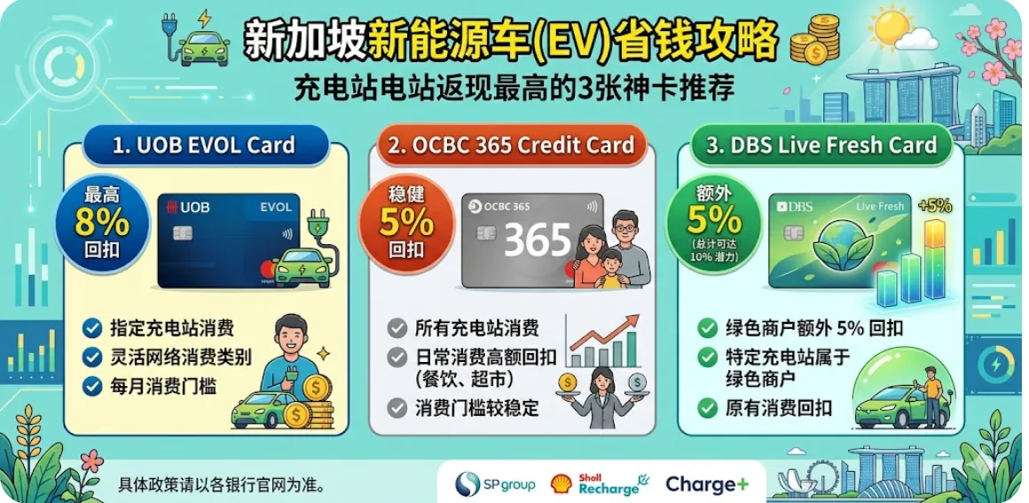 新加坡 EV 充电信用卡推荐 2026：特斯拉/SP Group 充电商户 8% 返现攻略
