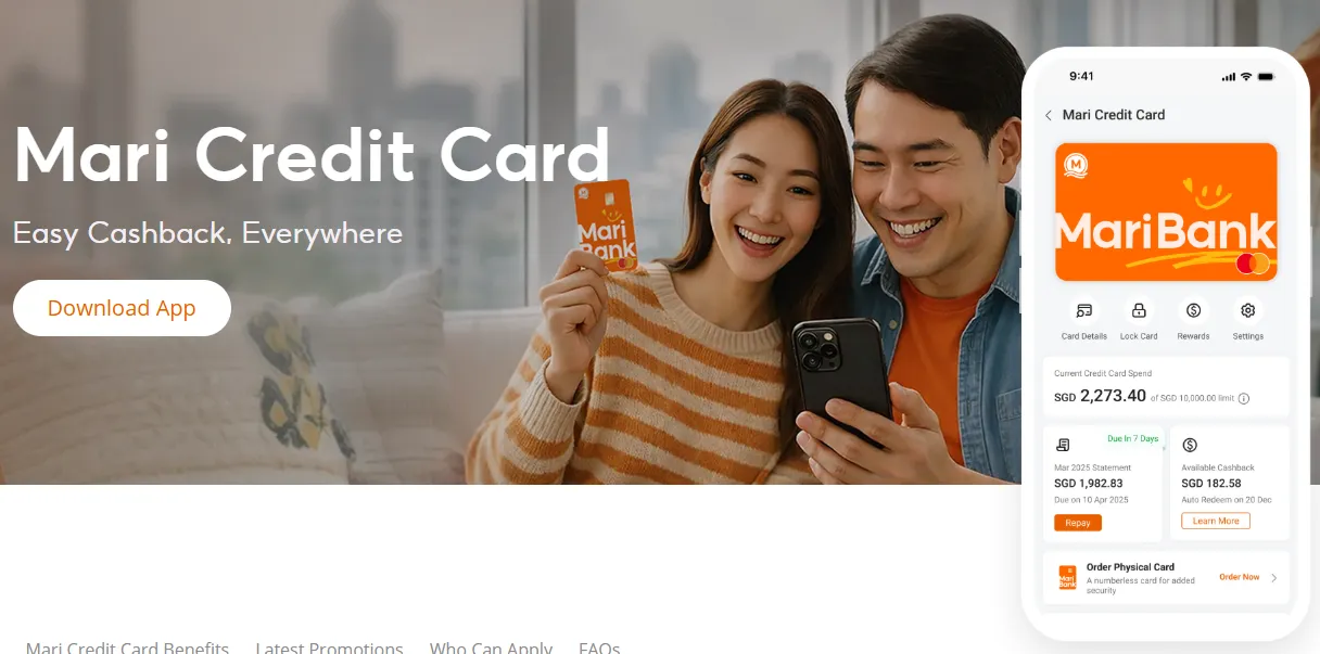 2026年最新发布的 Mari Credit Card 虚拟卡与实体卡设计展示，主打极简风与 Shopee 生态联动。